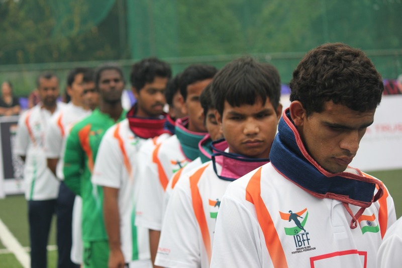 Team india line up before india vs laos match on International Tri Nation Blind Football Tournament at Kochi,
